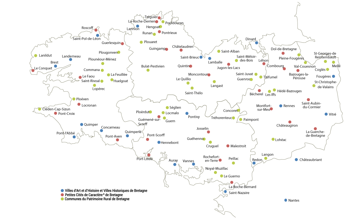 Carte des 98 communes de Patrimoines de Bretagne