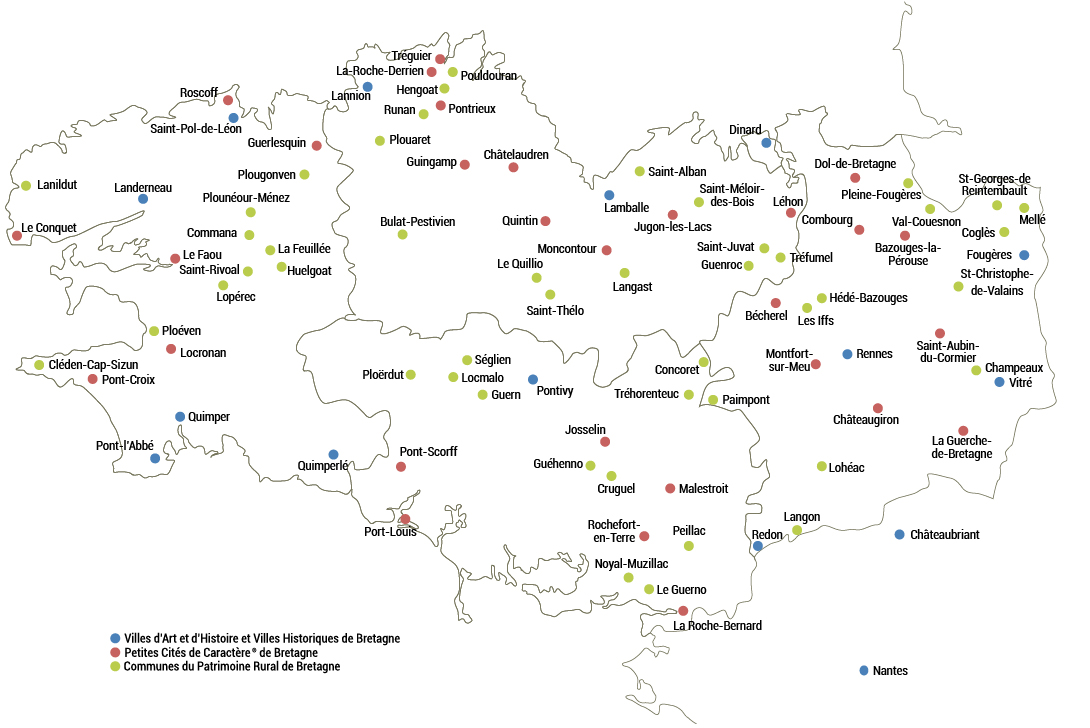 Carte des 94 communes de Patrimoines de Bretagne