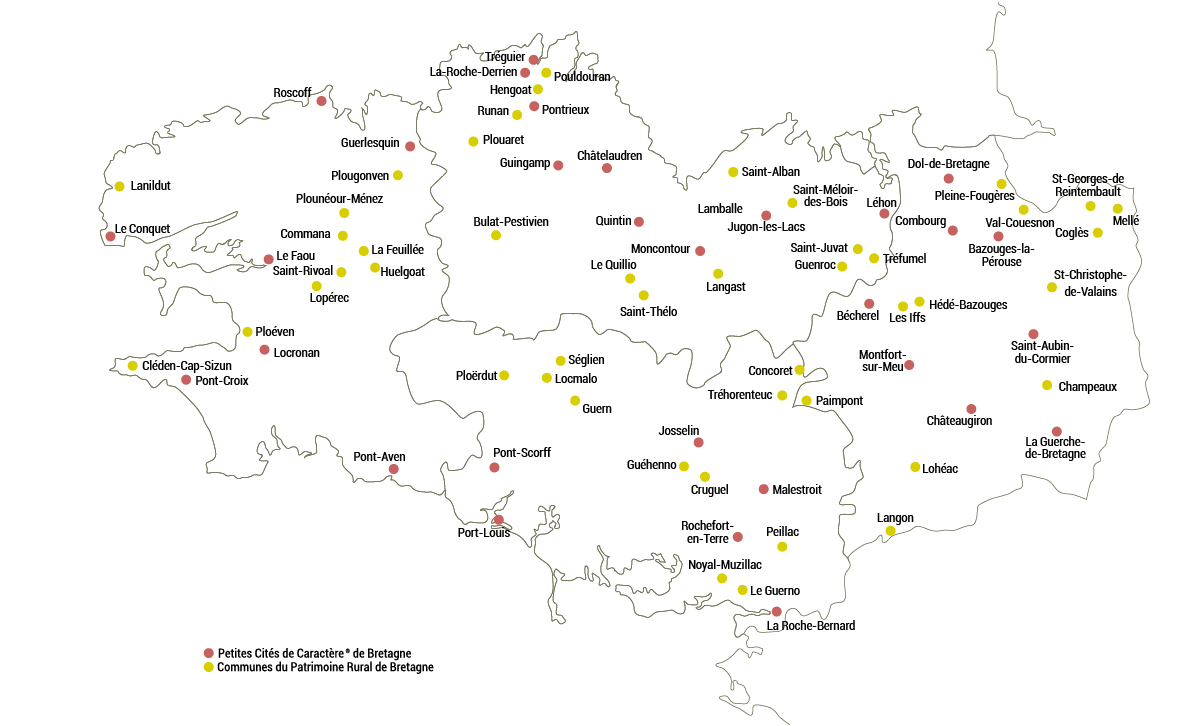 Carte des 94 communes de Patrimoines de Bretagne